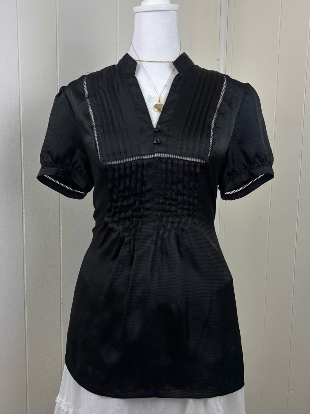 Black Pintuck Short-Sleeve Blouse